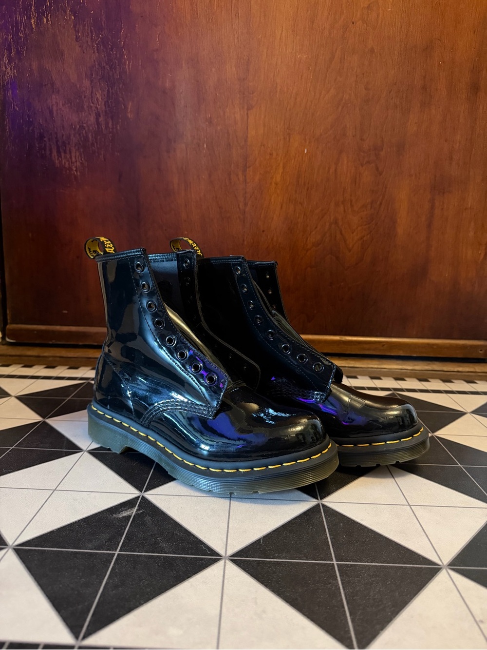 Dr. Martens 1460 Black Patent Boots with Yellow Stitching